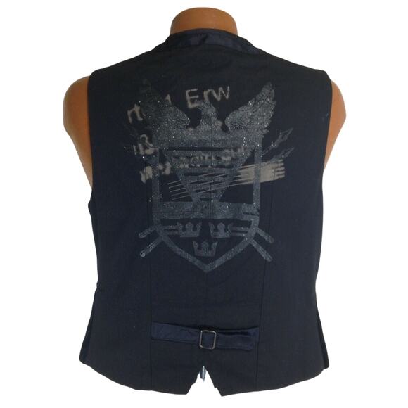 Vintage 90s Guess Vest Mens Medium Black Crushed Velvet 5 button Graphic Back - Picture 8 of 10